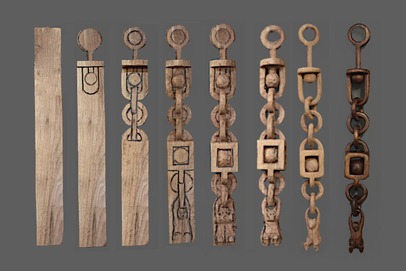 Sequence photos of carving a wooden bear chain from Black Walnut