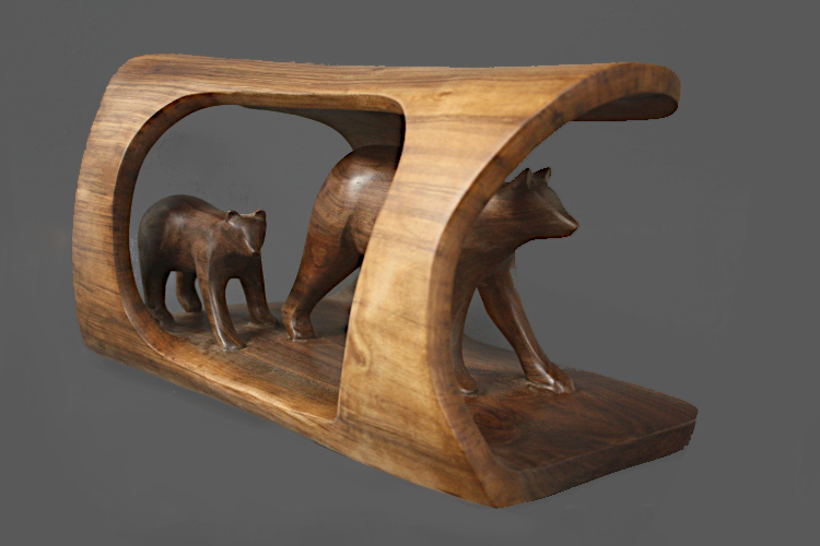 Bear and Cub Carved Within a Walnut Log