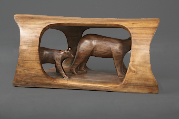 Bear and Cub Carved Within a Walnut Log